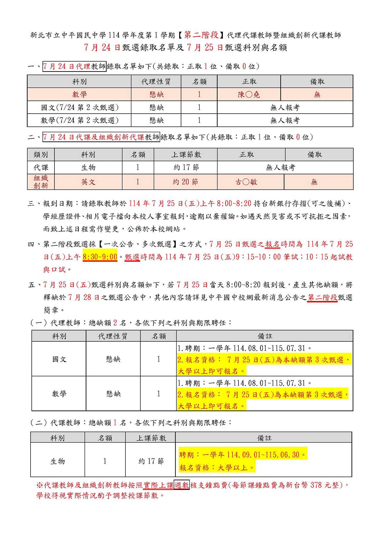 114 1第二階段7月24日代理代課教師甄選錄取名單及7月25日甄選科別與名額1140724